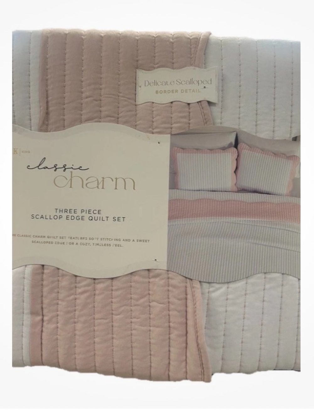 Classic Charm Pink and White King Scalloped Edge Quilt Set